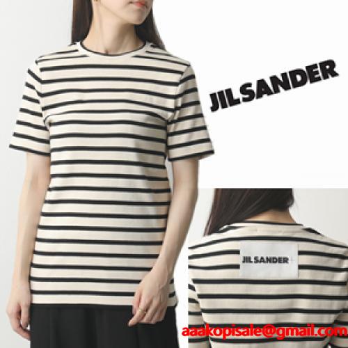 極美品 JIL SANDER+ ジルサンダー ボーダー ロゴパッチ Tシャツ S